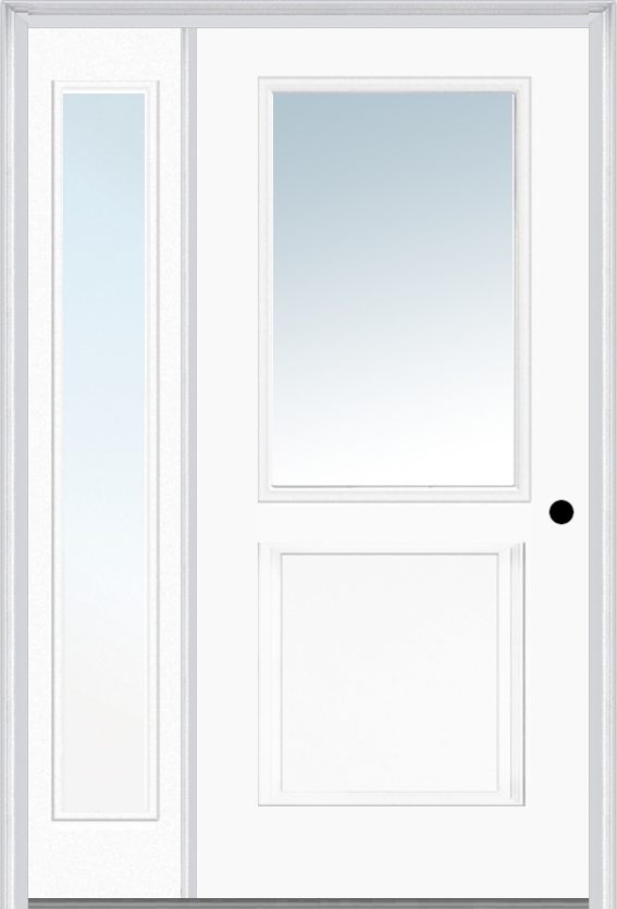 MMI 1/2 LITE 1 PANEL 3'0" X 6'8" FIBERGLASS SMOOTH EXTERIOR PREHUNG DOOR WITH 1 FULL LITE CLEAR GLASS SIDELIGHT 682